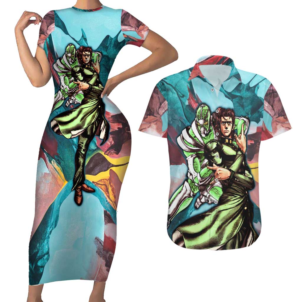 Trippy Kakyoin Hierophant Green Jojo’s Bizarre Adventure Couples Matching Short Sleeve Bodycon Dress and Hawaiian Shirt Trippy Mix Anime Style - The Mazicc