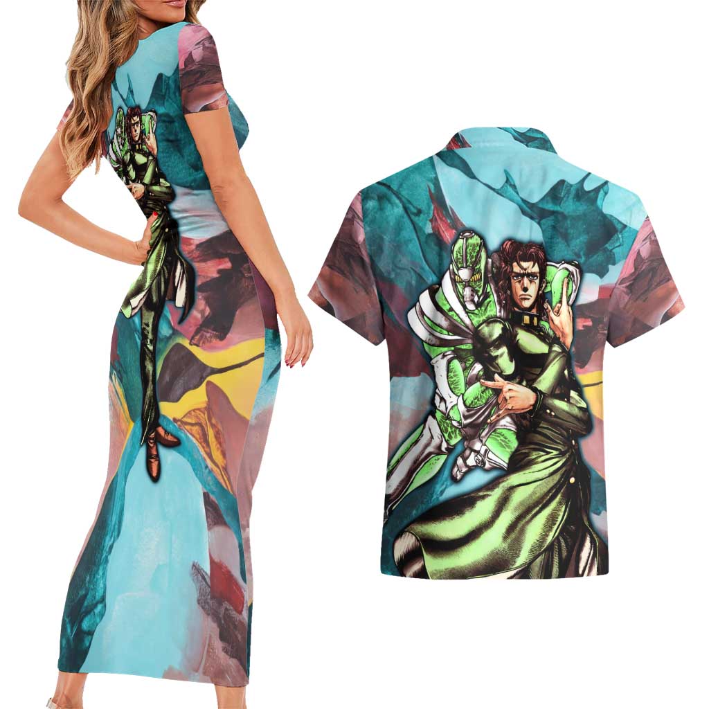 Trippy Kakyoin Hierophant Green Jojo’s Bizarre Adventure Couples Matching Short Sleeve Bodycon Dress and Hawaiian Shirt Trippy Mix Anime Style - The Mazicc