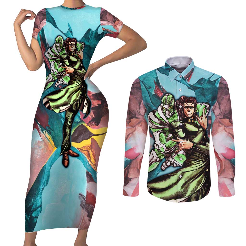 Trippy Kakyoin Hierophant Green Jojo’s Bizarre Adventure Couples Matching Short Sleeve Bodycon Dress and Long Sleeve Button Shirt Trippy Mix Anime Style - The Mazicc