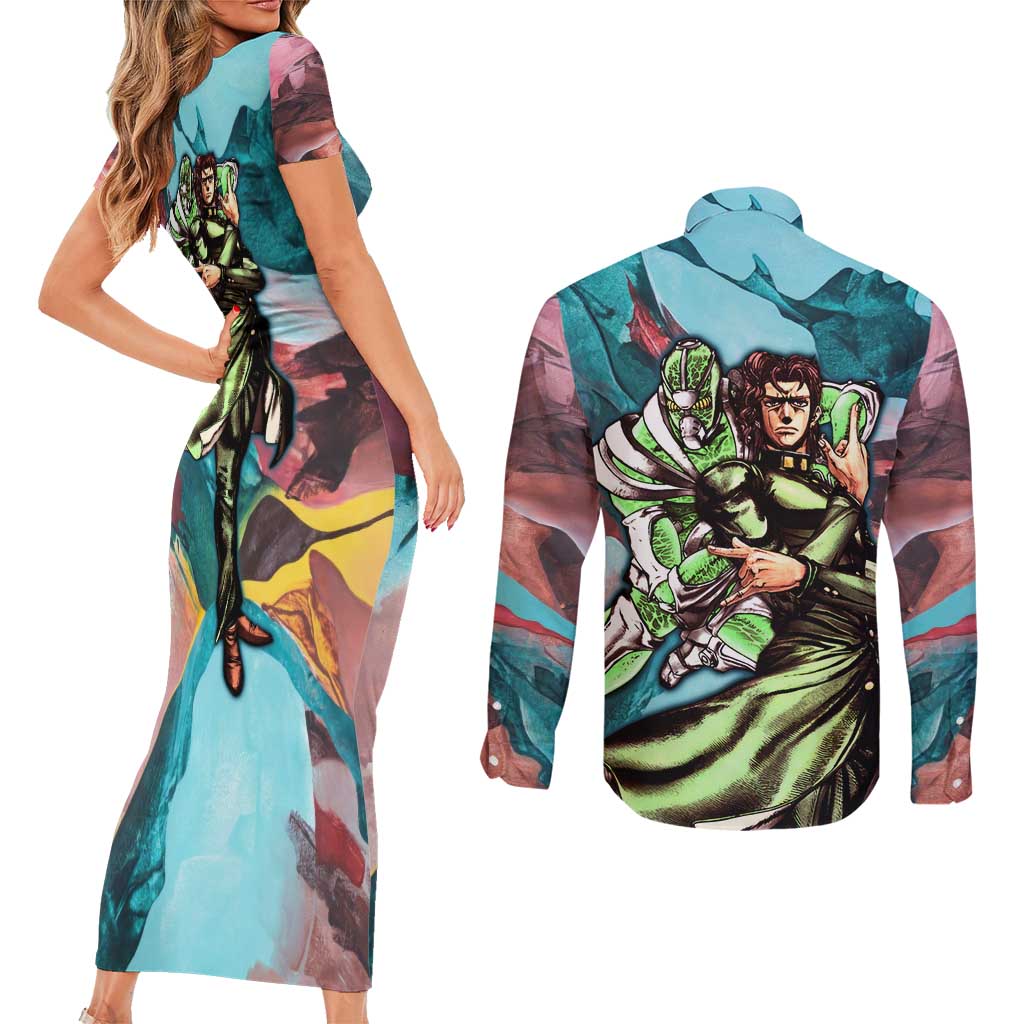 Trippy Kakyoin Hierophant Green Jojo’s Bizarre Adventure Couples Matching Short Sleeve Bodycon Dress and Long Sleeve Button Shirt Trippy Mix Anime Style - The Mazicc