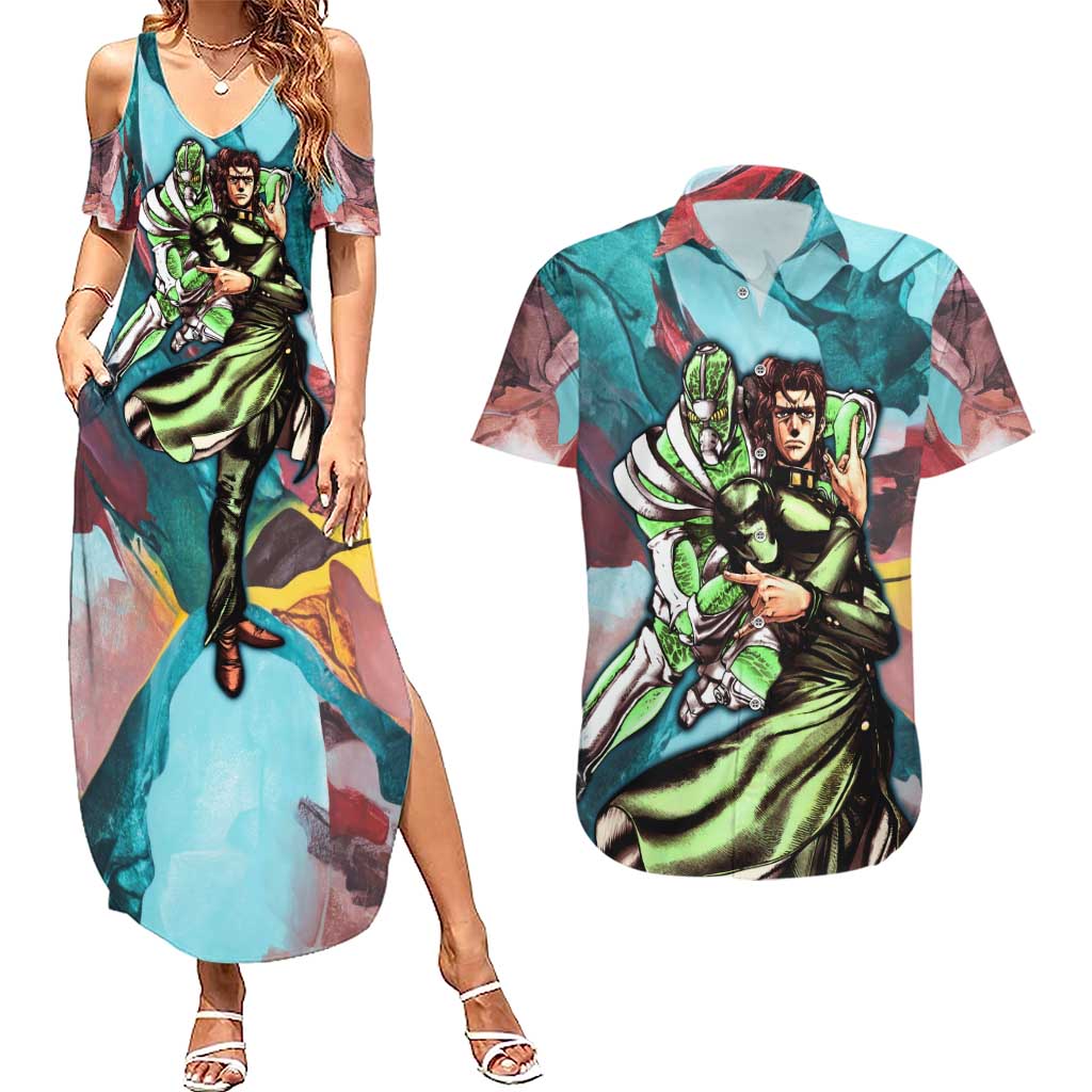 Trippy Kakyoin Hierophant Green Jojo’s Bizarre Adventure Couples Matching Summer Maxi Dress and Hawaiian Shirt Trippy Mix Anime Style - The Mazicc