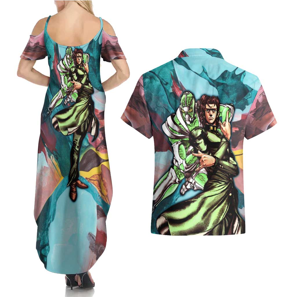 Trippy Kakyoin Hierophant Green Jojo’s Bizarre Adventure Couples Matching Summer Maxi Dress and Hawaiian Shirt Trippy Mix Anime Style - The Mazicc