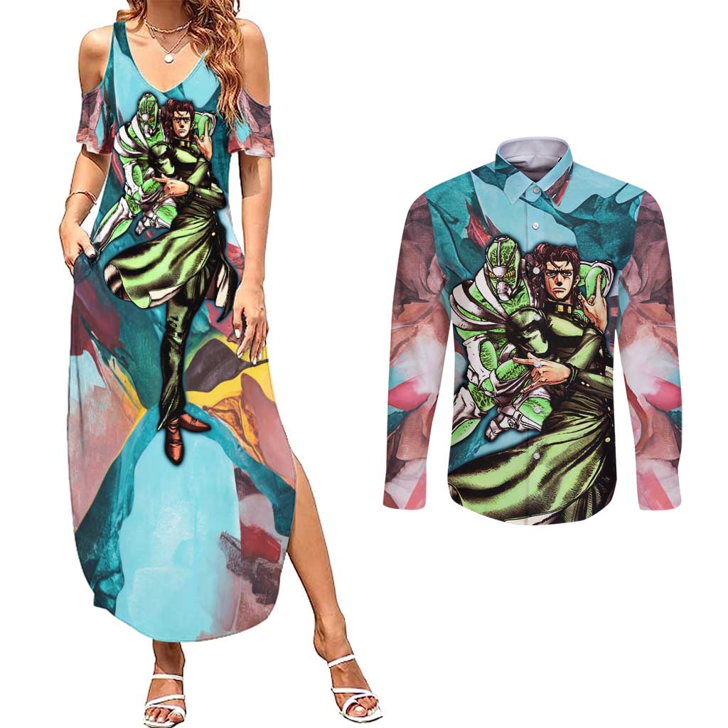 Trippy Kakyoin Hierophant Green Jojo’s Bizarre Adventure Couples Matching Summer Maxi Dress and Long Sleeve Button Shirt Trippy Mix Anime Style - The Mazicc