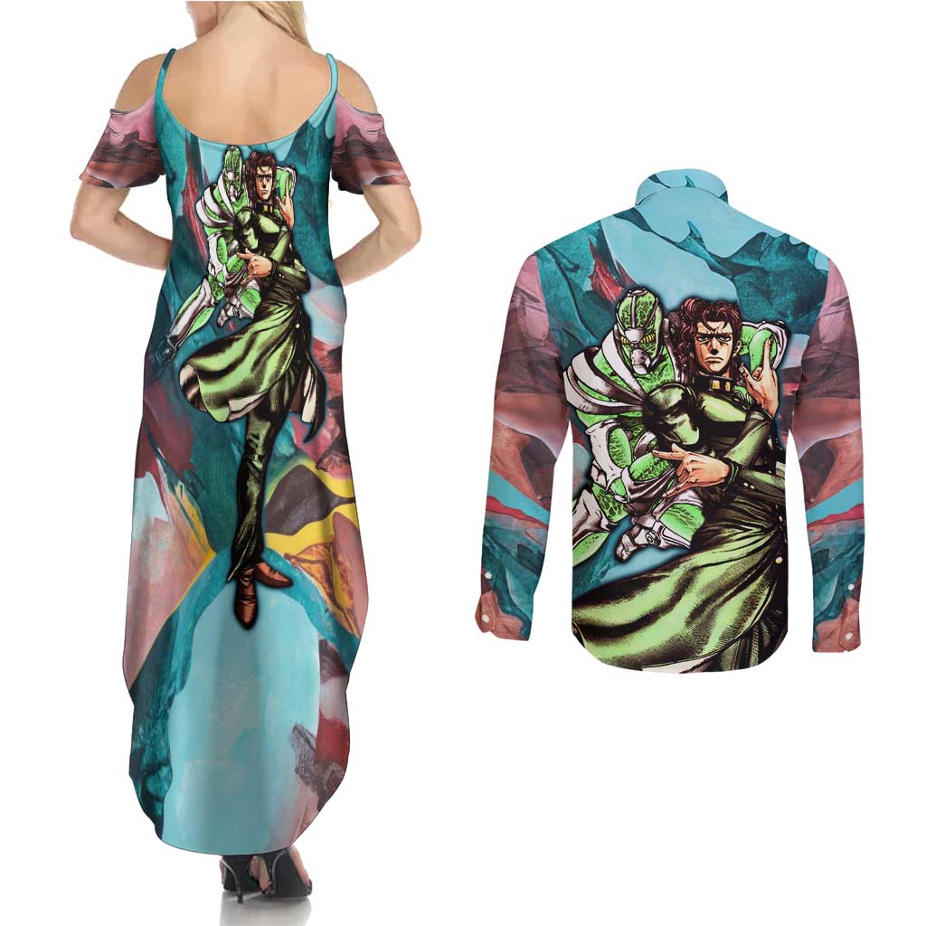 Trippy Kakyoin Hierophant Green Jojo’s Bizarre Adventure Couples Matching Summer Maxi Dress and Long Sleeve Button Shirt Trippy Mix Anime Style - The Mazicc