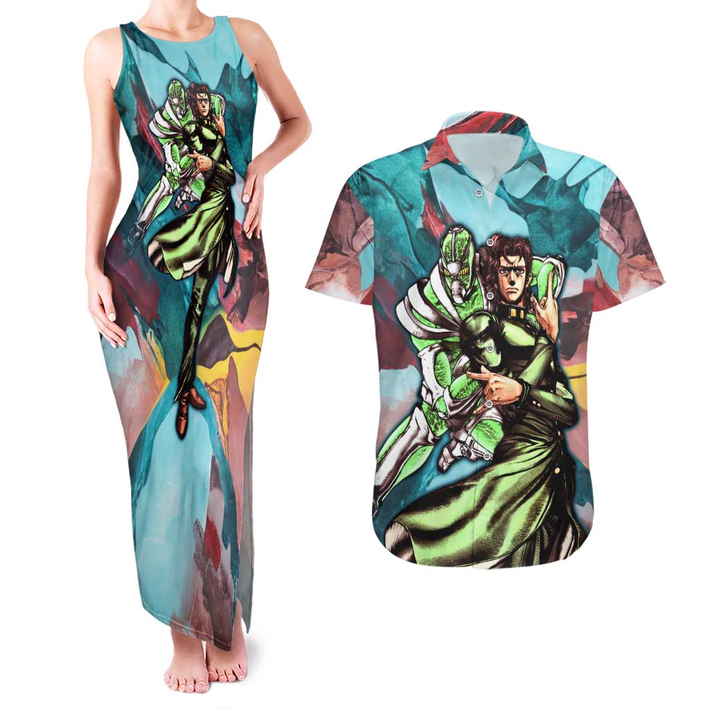 Trippy Kakyoin Hierophant Green Jojo’s Bizarre Adventure Couples Matching Tank Maxi Dress and Hawaiian Shirt Trippy Mix Anime Style - The Mazicc