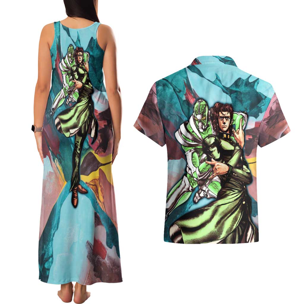 Trippy Kakyoin Hierophant Green Jojo’s Bizarre Adventure Couples Matching Tank Maxi Dress and Hawaiian Shirt Trippy Mix Anime Style - The Mazicc