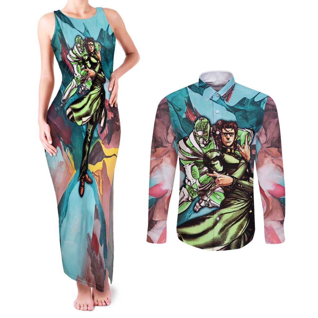 Trippy Kakyoin Hierophant Green Jojo’s Bizarre Adventure Couples Matching Tank Maxi Dress and Long Sleeve Button Shirt Trippy Mix Anime Style - The Mazicc