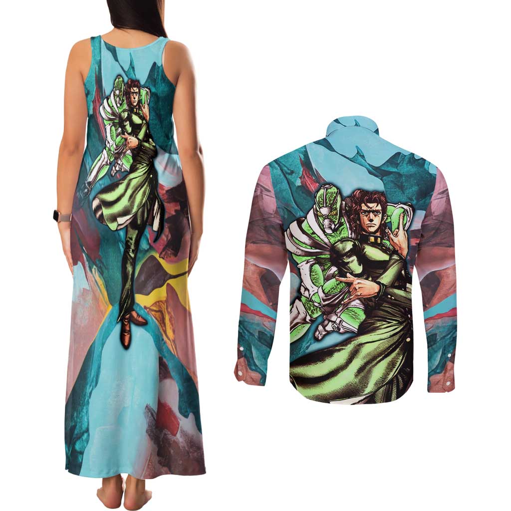 Trippy Kakyoin Hierophant Green Jojo’s Bizarre Adventure Couples Matching Tank Maxi Dress and Long Sleeve Button Shirt Trippy Mix Anime Style - The Mazicc
