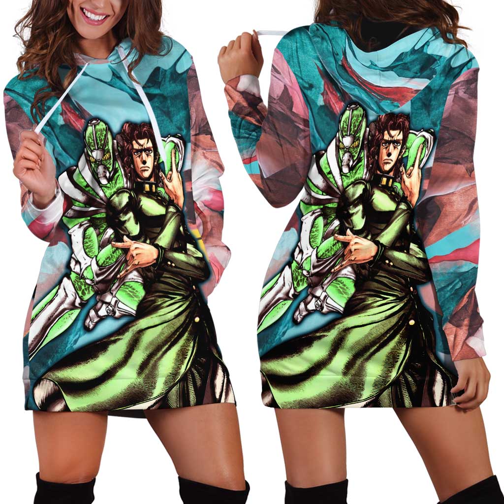 Trippy Kakyoin Hierophant Green Jojo’s Bizarre Adventure Hoodie Dress Trippy Mix Anime Style - The Mazicc