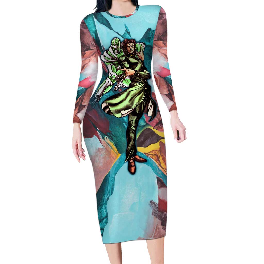 Trippy Kakyoin Hierophant Green Jojo’s Bizarre Adventure Long Sleeve Bodycon Dress Trippy Mix Anime Style - The Mazicc