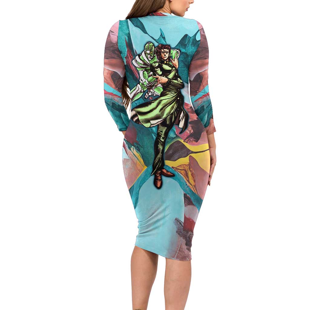 Trippy Kakyoin Hierophant Green Jojo’s Bizarre Adventure Long Sleeve Bodycon Dress Trippy Mix Anime Style - The Mazicc