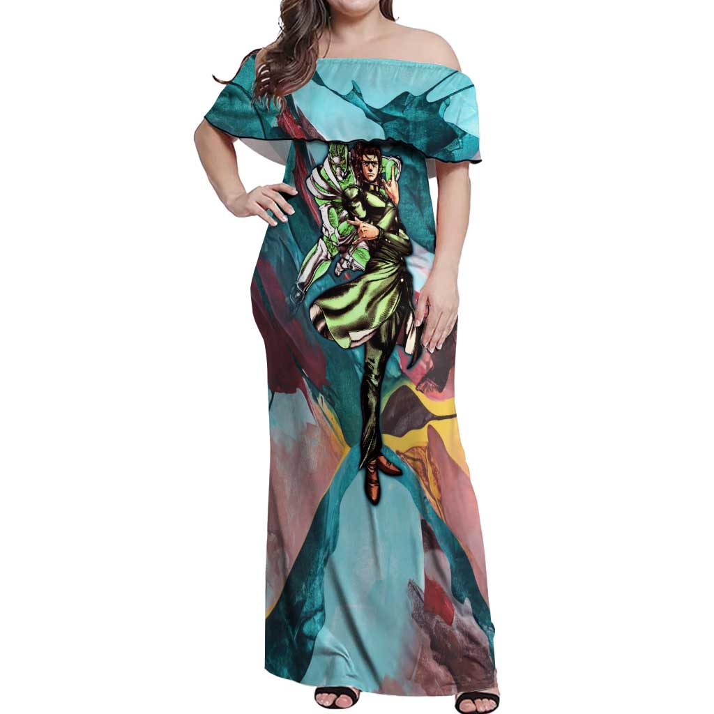 Trippy Kakyoin Hierophant Green Jojo’s Bizarre Adventure Off Shoulder Maxi Dress Trippy Mix Anime Style - The Mazicc
