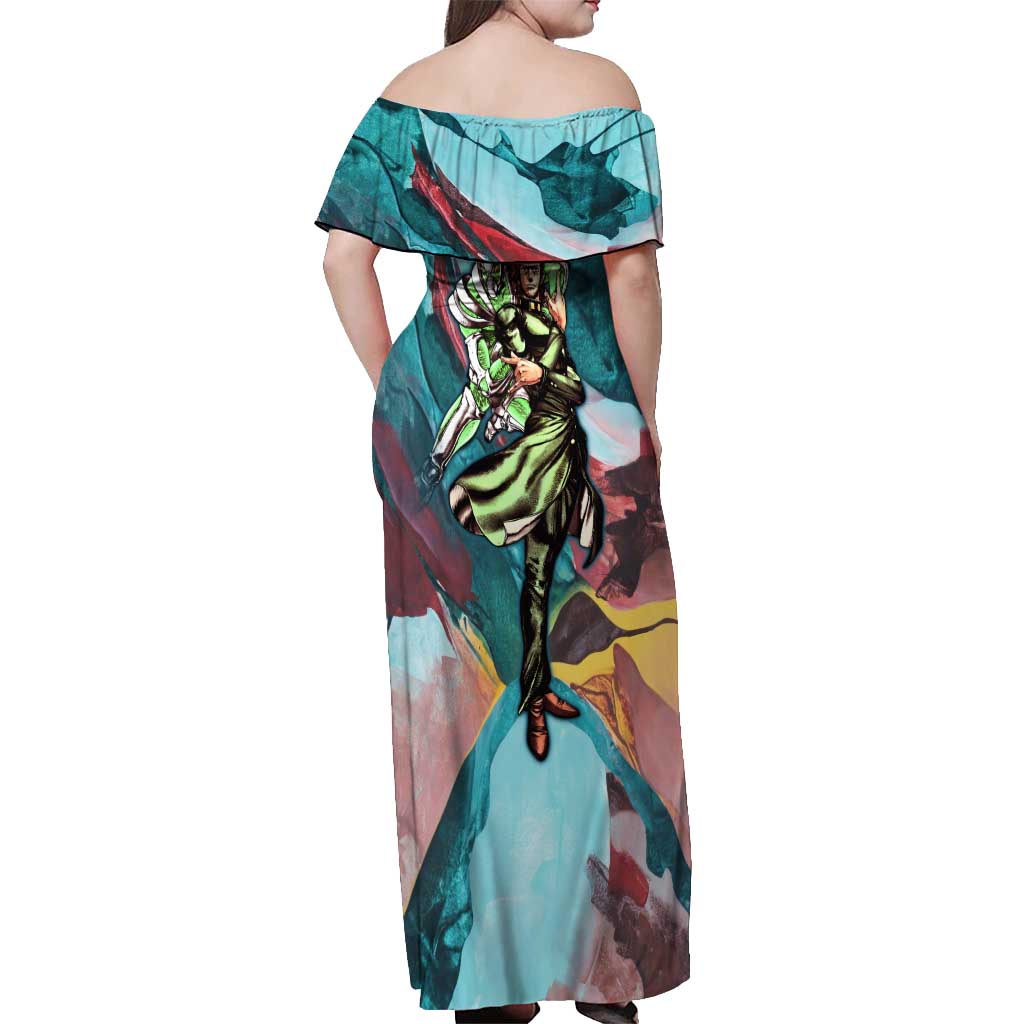 Trippy Kakyoin Hierophant Green Jojo’s Bizarre Adventure Off Shoulder Maxi Dress Trippy Mix Anime Style - The Mazicc