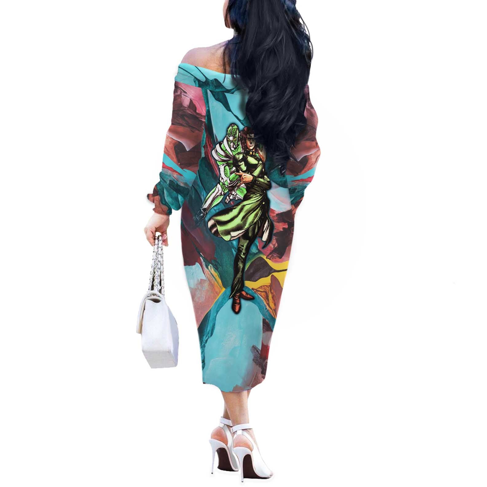 Trippy Kakyoin Hierophant Green Jojo’s Bizarre Adventure Off The Shoulder Long Sleeve Dress Trippy Mix Anime Style - The Mazicc