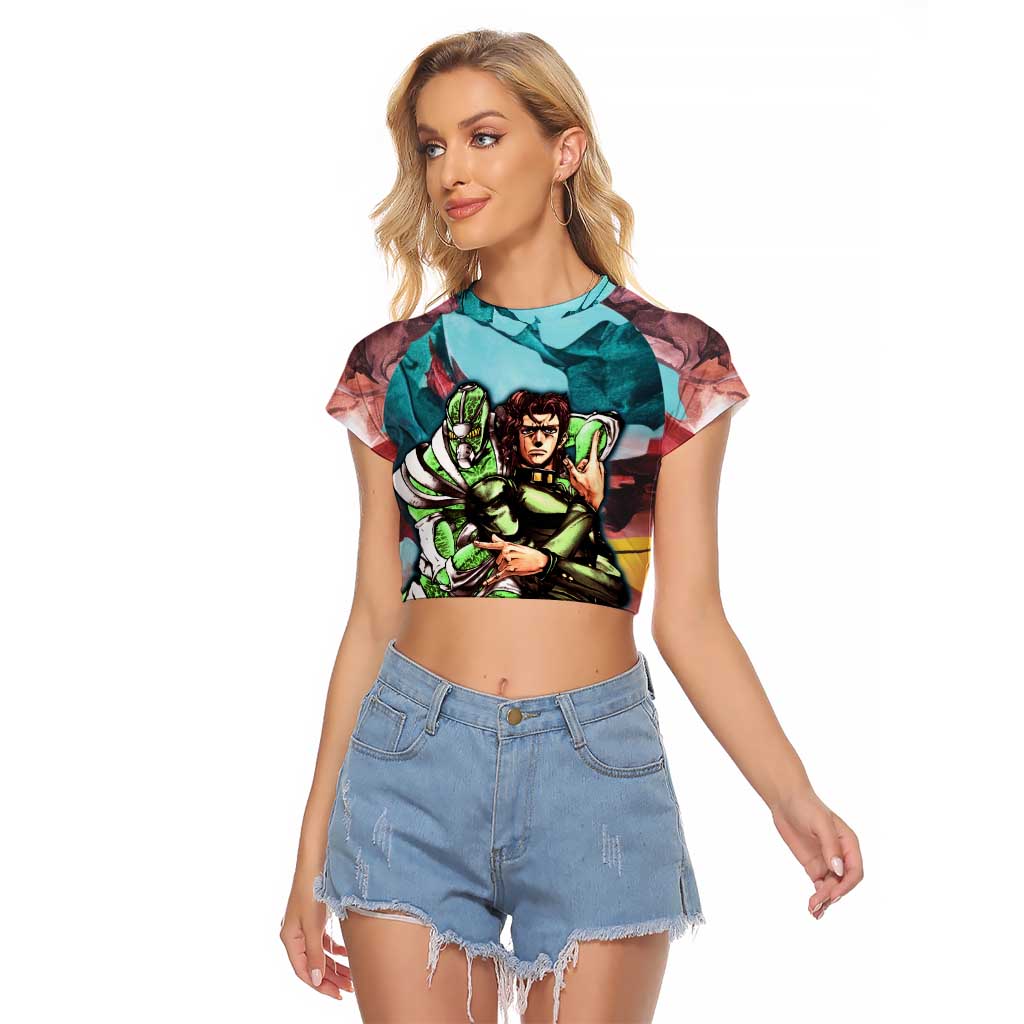 Trippy Kakyoin Hierophant Green Jojo’s Bizarre Adventure Raglan Cropped T Shirt Trippy Mix Anime Style - The Mazicc