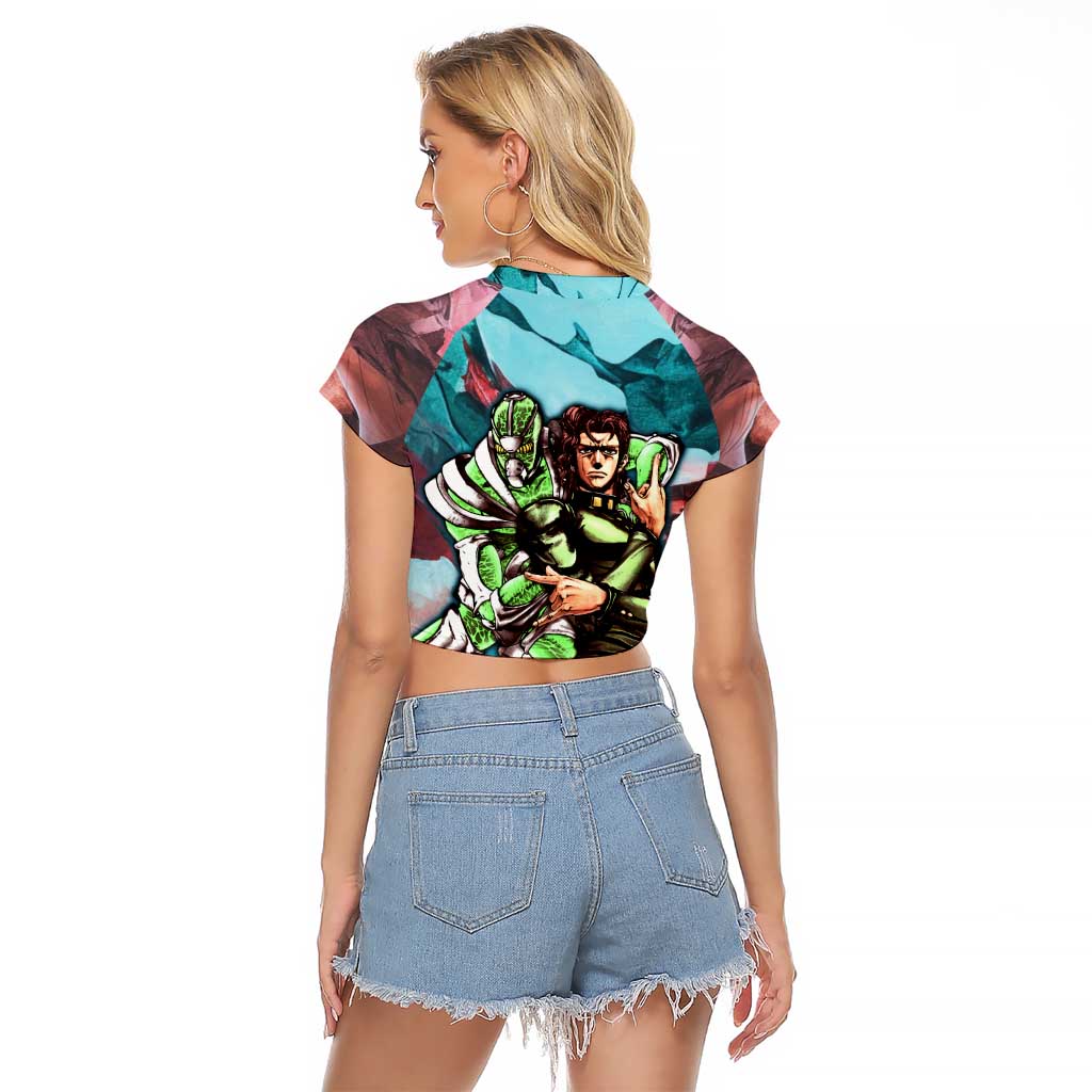 Trippy Kakyoin Hierophant Green Jojo’s Bizarre Adventure Raglan Cropped T Shirt Trippy Mix Anime Style - The Mazicc