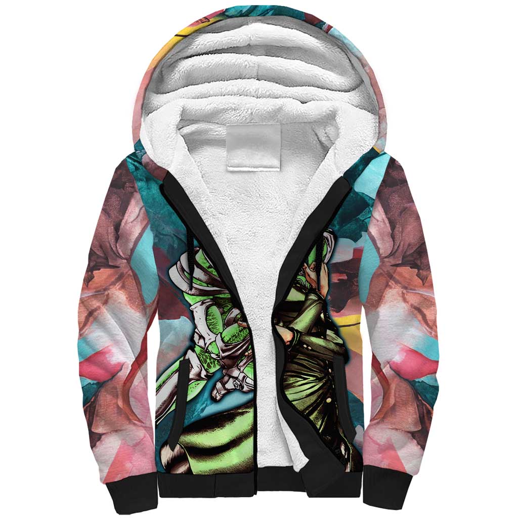 Trippy Kakyoin Hierophant Green Jojo’s Bizarre Adventure Sherpa Hoodie Trippy Mix Anime Style - The Mazicc