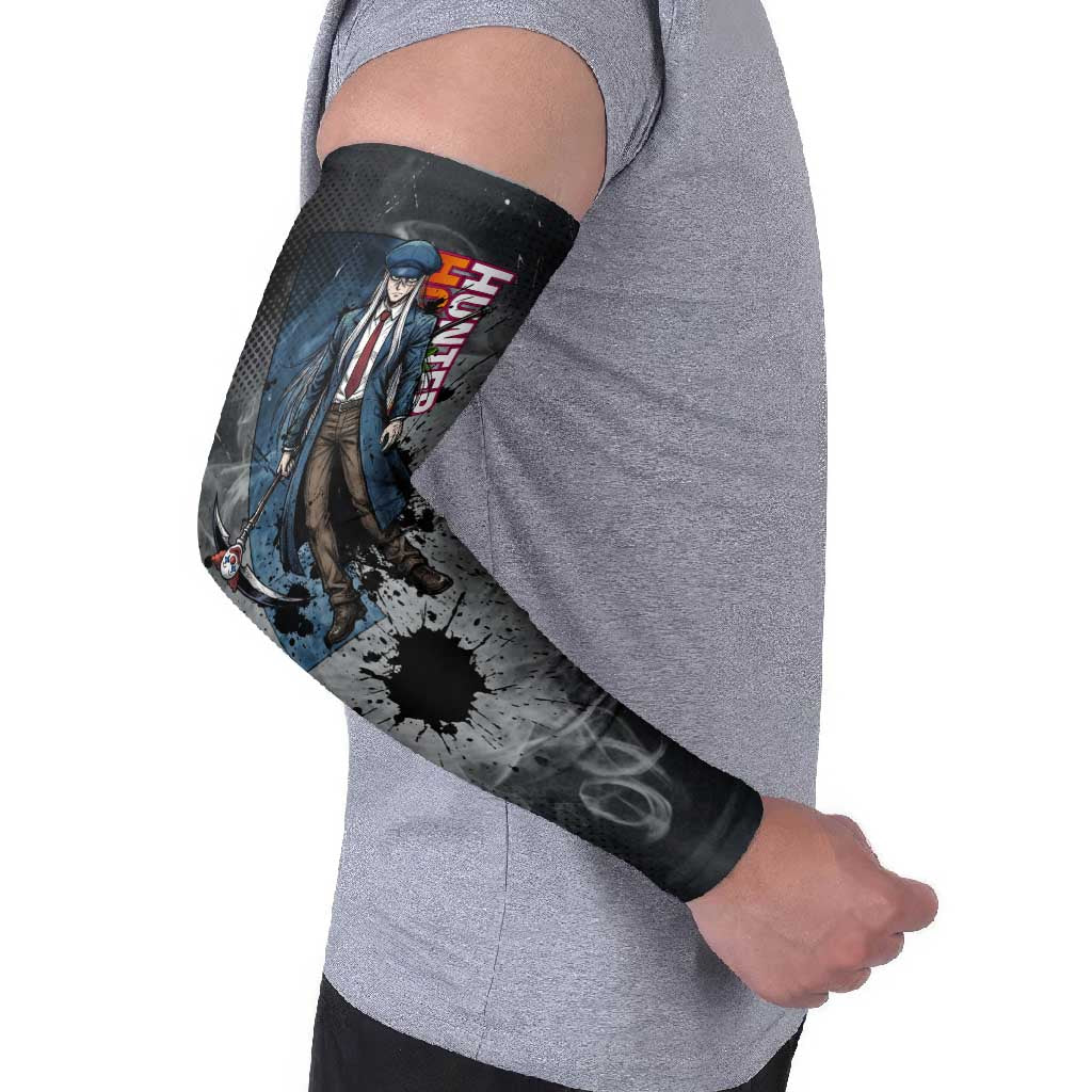 Chrollo Theme Gray Ink Splash Design Arm Sleeves with Cross Weapon and Monochrome Aura Artwork - The Mazicc