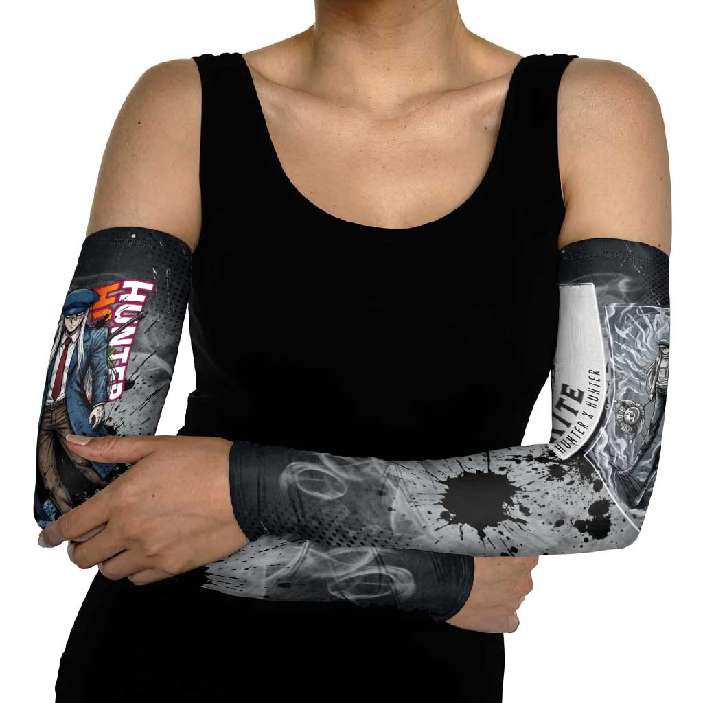 Chrollo Theme Gray Ink Splash Design Arm Sleeves with Cross Weapon and Monochrome Aura Artwork - The Mazicc