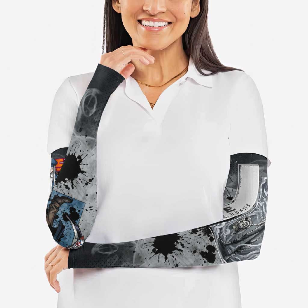 Chrollo Theme Gray Ink Splash Design Arm Sleeves with Cross Weapon and Monochrome Aura Artwork - The Mazicc