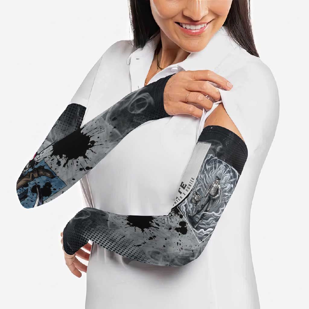 Chrollo Theme Gray Ink Splash Design Arm Sleeves with Cross Weapon and Monochrome Aura Artwork - The Mazicc