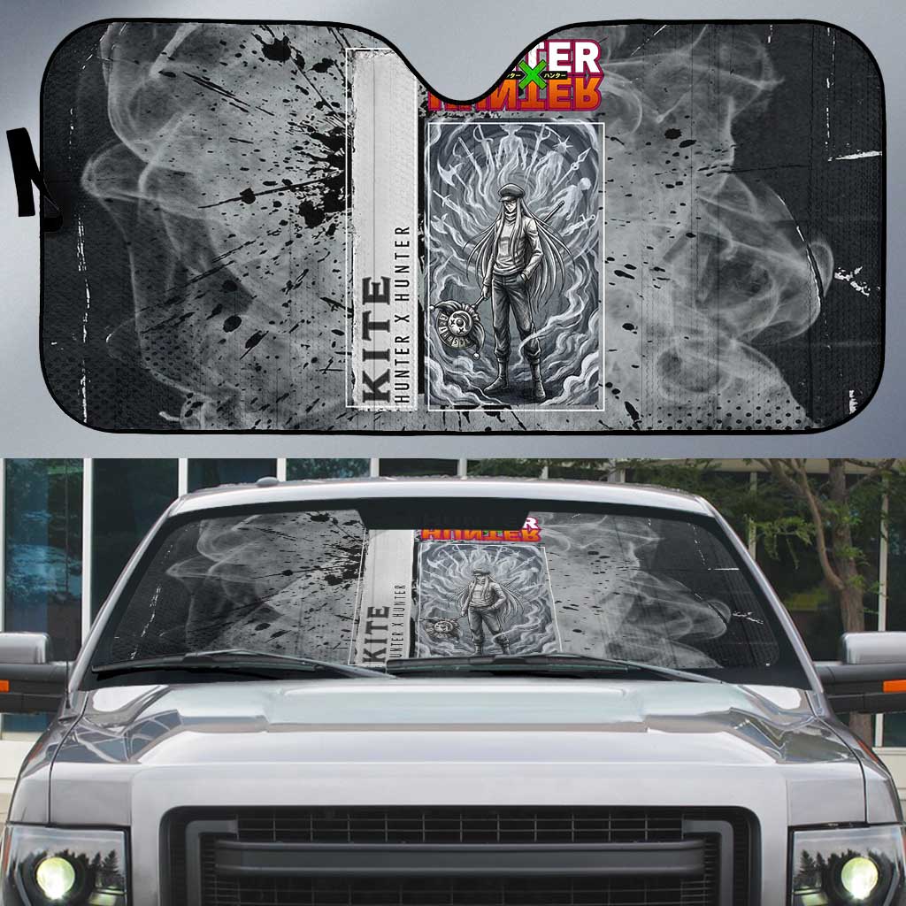 Chrollo Theme Gray Ink Splash Design Auto Sun Shade with Cross Weapon and Monochrome Aura Artwork - The Mazicc