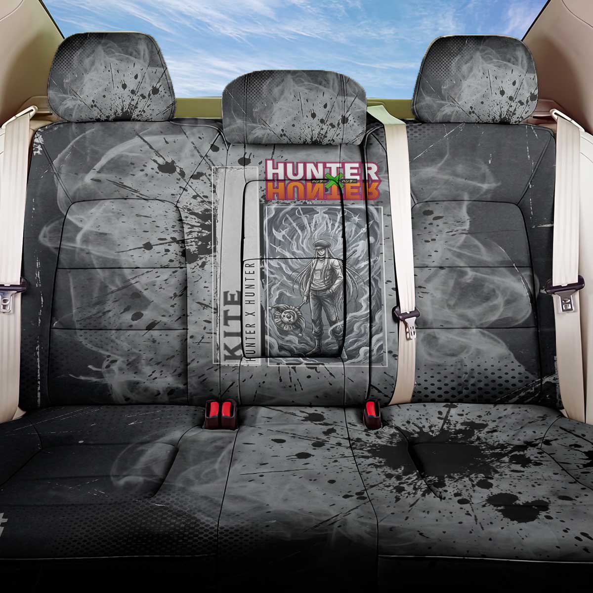 Chrollo Theme Gray Ink Splash Design Back Car Seat Cover with Cross Weapon and Monochrome Aura Artwork - The Mazicc