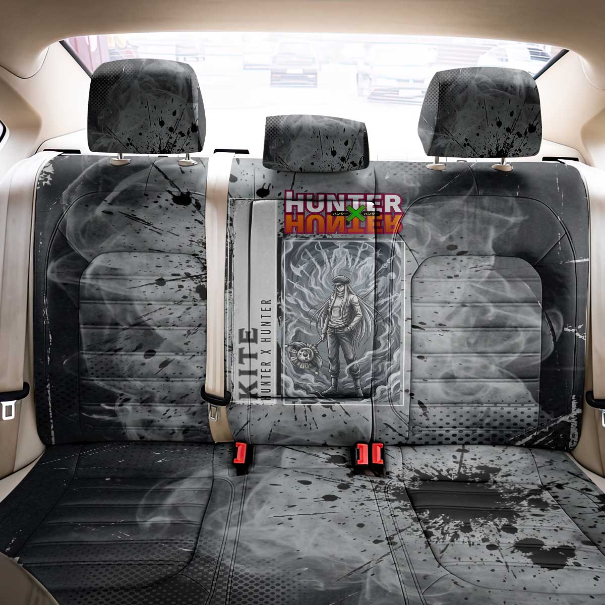 Chrollo Theme Gray Ink Splash Design Back Car Seat Cover with Cross Weapon and Monochrome Aura Artwork - The Mazicc