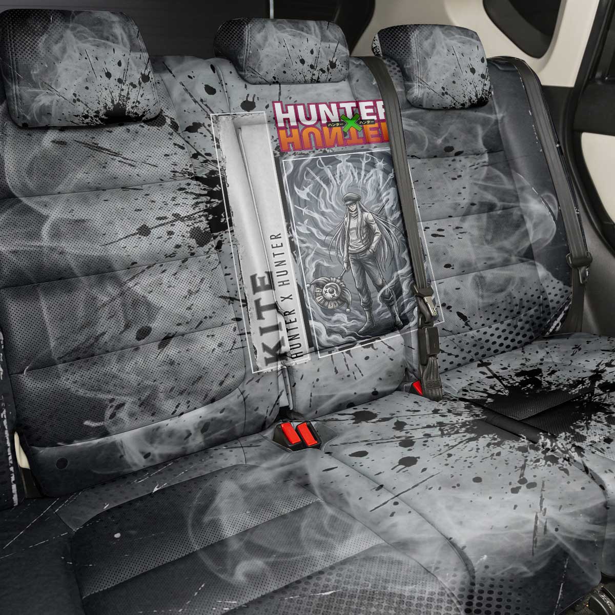 Chrollo Theme Gray Ink Splash Design Back Car Seat Cover with Cross Weapon and Monochrome Aura Artwork - The Mazicc