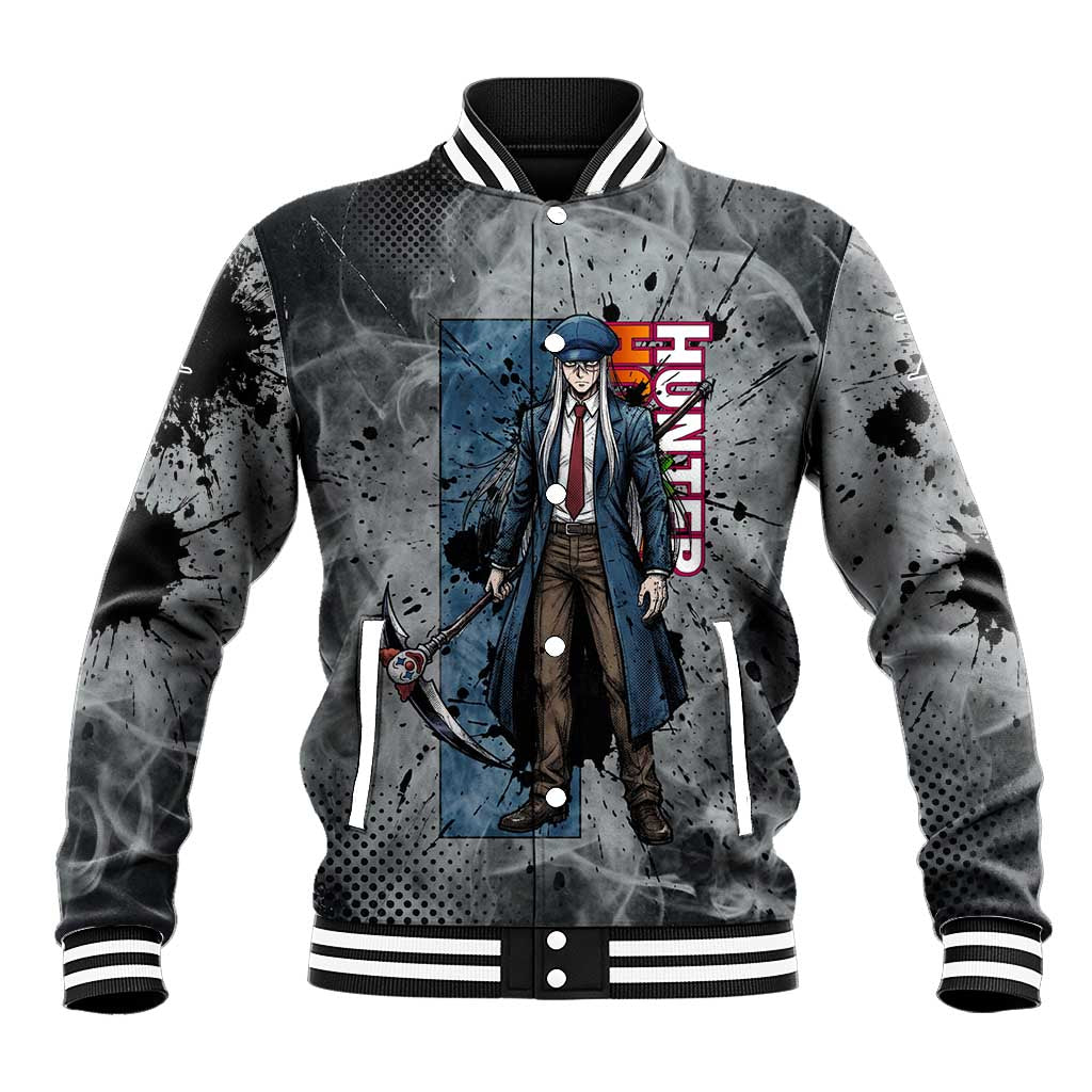 Chrollo Theme Gray Ink Splash Design Baseball Jacket with Cross Weapon and Monochrome Aura Artwork - The Mazicc