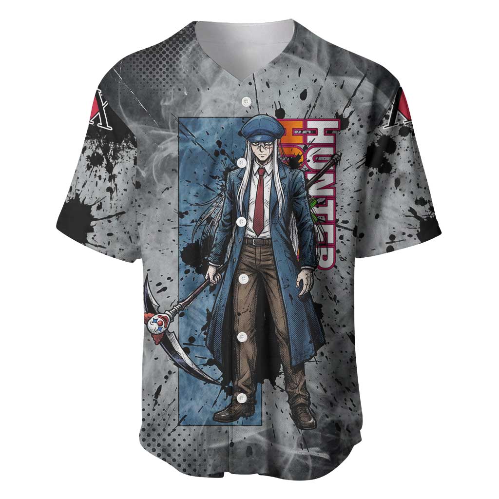 Chrollo Theme Gray Ink Splash Design Baseball Jersey with Cross Weapon and Monochrome Aura Artwork - The Mazicc