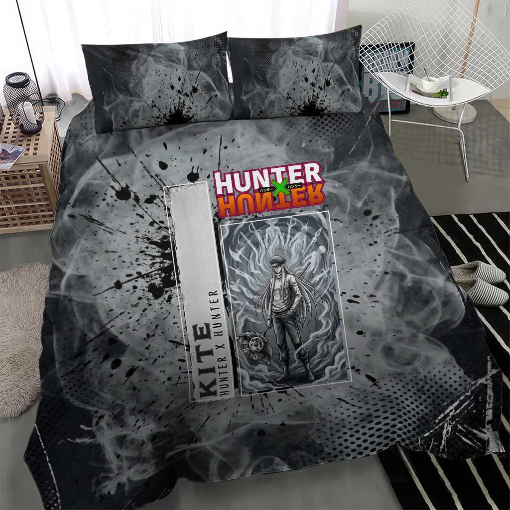 Chrollo Theme Gray Ink Splash Design Bedding Set with Cross Weapon and Monochrome Aura Artwork - The Mazicc
