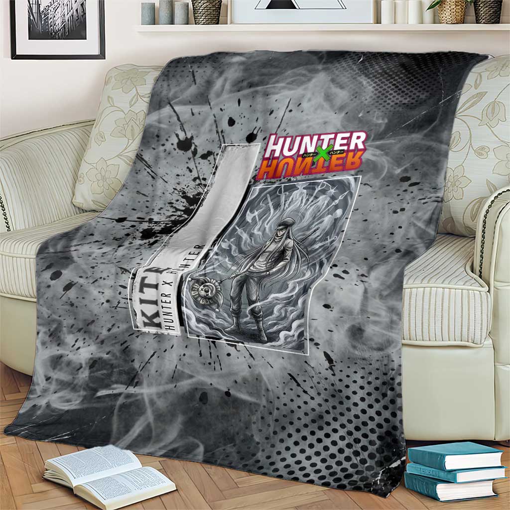 Chrollo Theme Gray Ink Splash Design Blanket with Cross Weapon and Monochrome Aura Artwork - The Mazicc