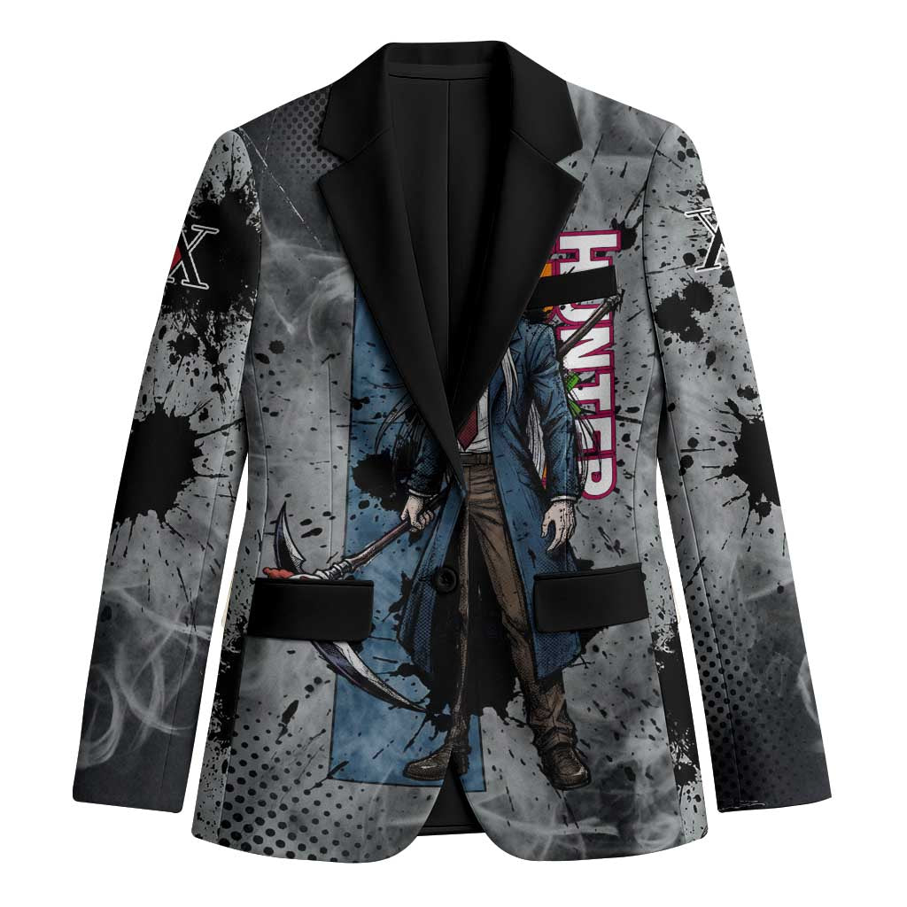 Chrollo Theme Gray Ink Splash Design Blazer with Cross Weapon and Monochrome Aura Artwork - The Mazicc