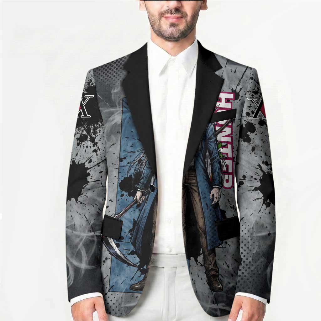 Chrollo Theme Gray Ink Splash Design Blazer with Cross Weapon and Monochrome Aura Artwork - The Mazicc