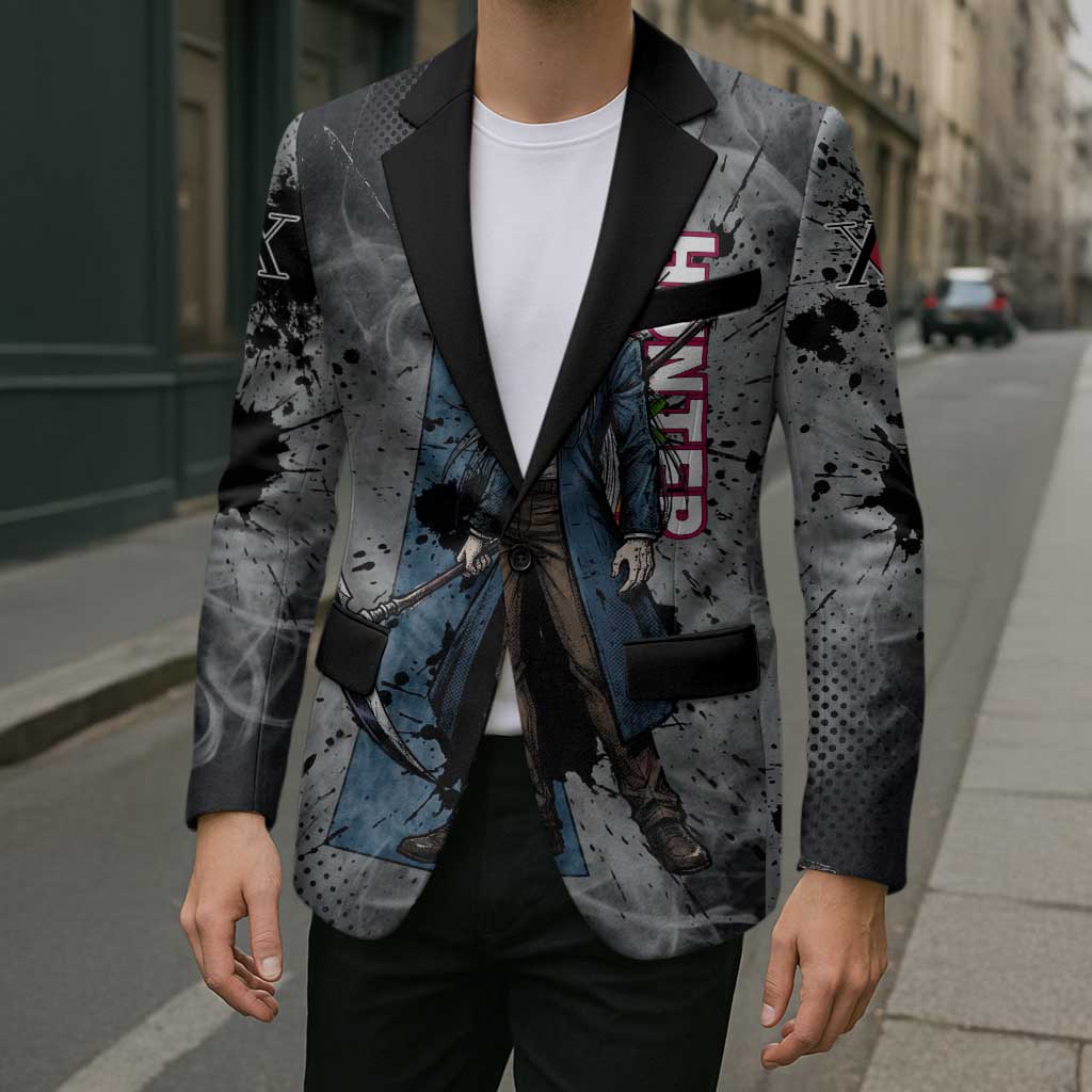 Chrollo Theme Gray Ink Splash Design Blazer with Cross Weapon and Monochrome Aura Artwork - The Mazicc