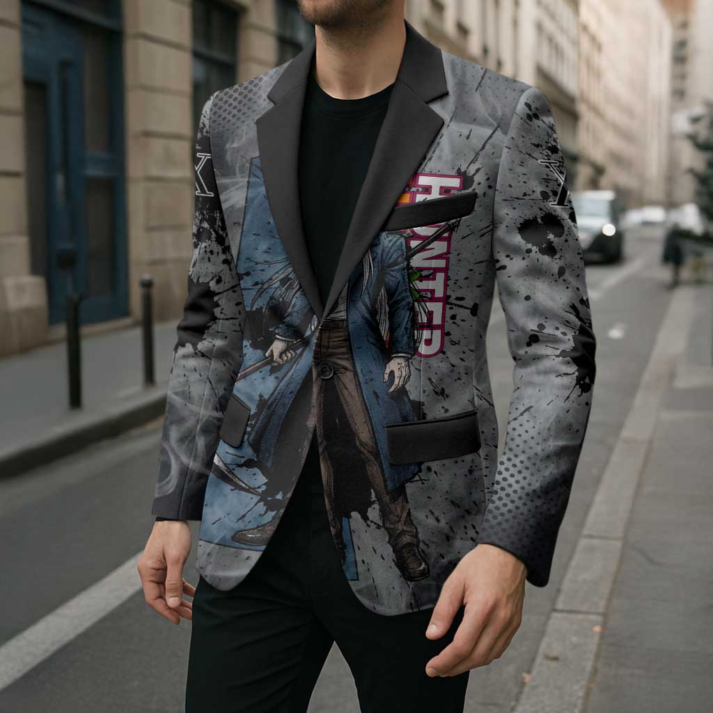 Chrollo Theme Gray Ink Splash Design Blazer with Cross Weapon and Monochrome Aura Artwork - The Mazicc