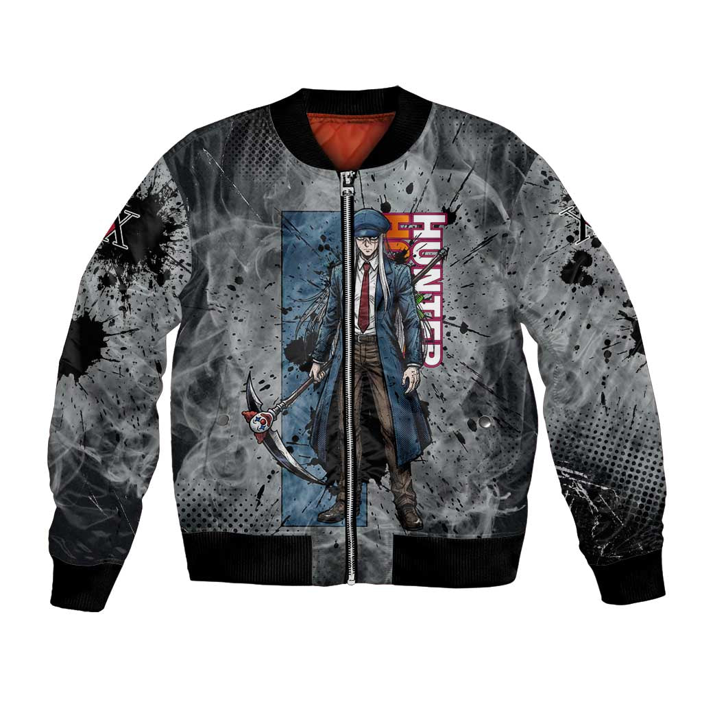 Chrollo Theme Gray Ink Splash Design Bomber Jacket with Cross Weapon and Monochrome Aura Artwork - The Mazicc