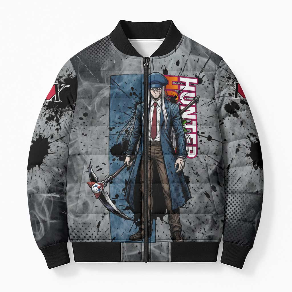 Chrollo Theme Gray Ink Splash Design Bomber Puffer Jacket with Cross Weapon and Monochrome Aura Artwork - The Mazicc