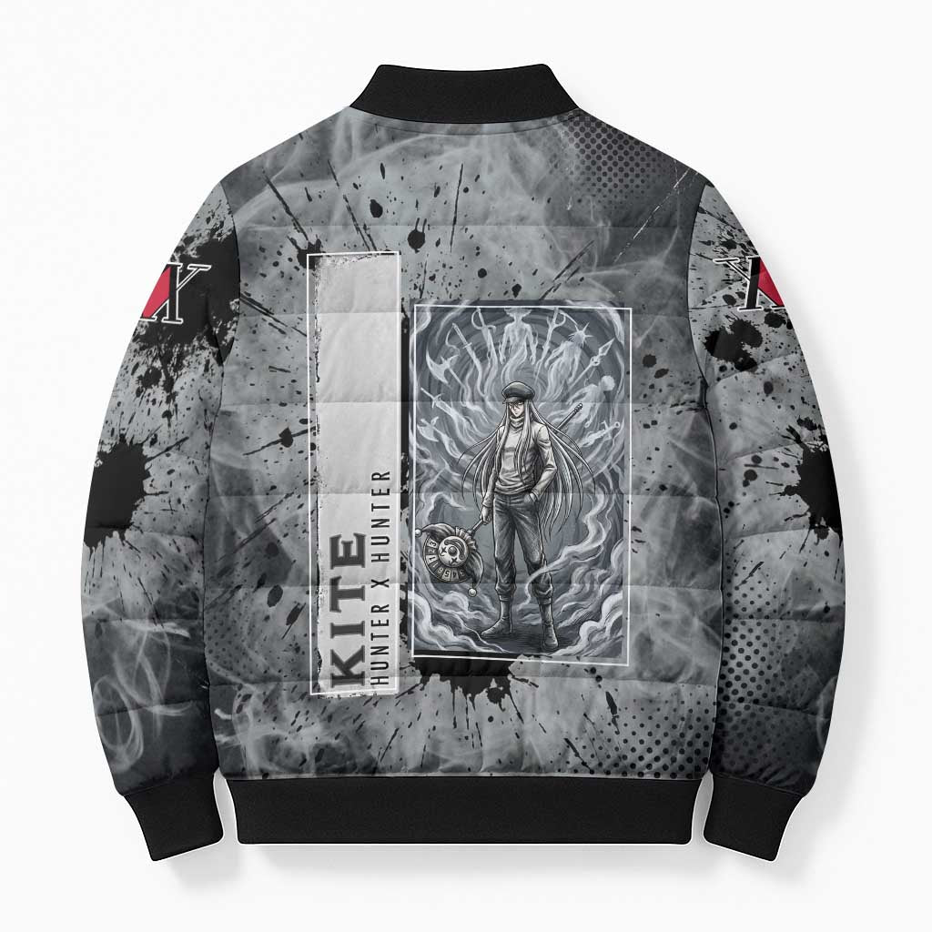 Chrollo Theme Gray Ink Splash Design Bomber Puffer Jacket with Cross Weapon and Monochrome Aura Artwork - The Mazicc