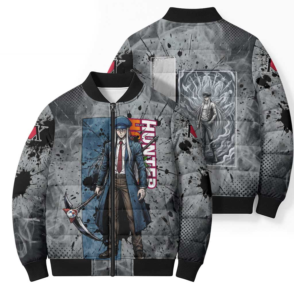 Chrollo Theme Gray Ink Splash Design Bomber Puffer Jacket with Cross Weapon and Monochrome Aura Artwork - The Mazicc
