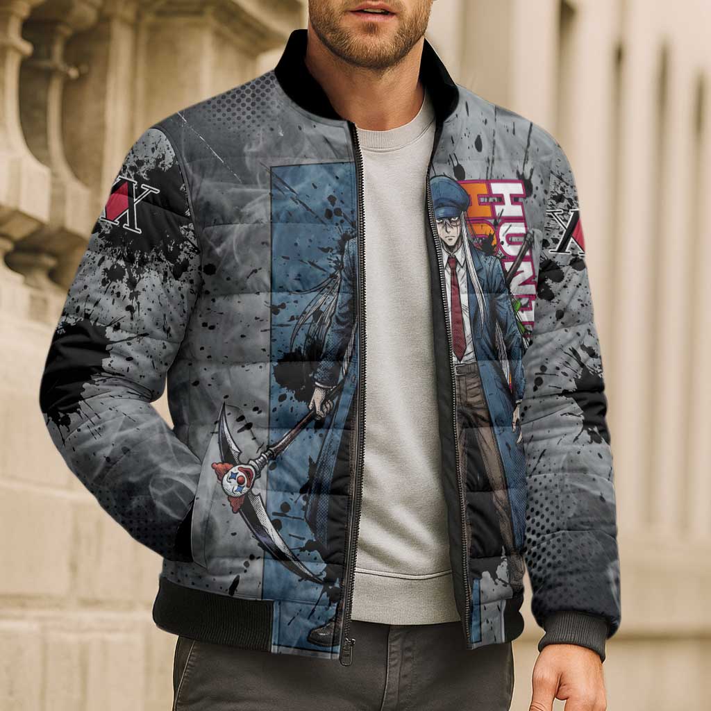 Chrollo Theme Gray Ink Splash Design Bomber Puffer Jacket with Cross Weapon and Monochrome Aura Artwork - The Mazicc
