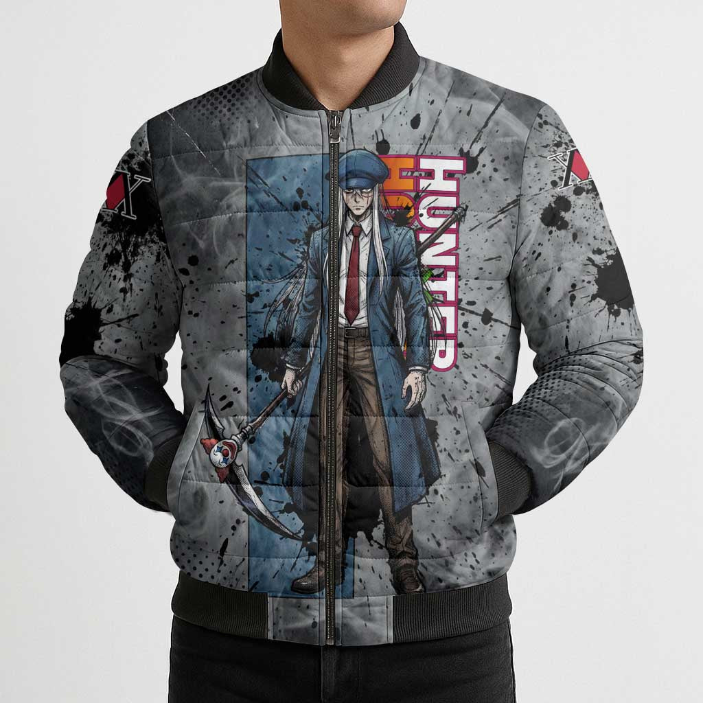 Chrollo Theme Gray Ink Splash Design Bomber Puffer Jacket with Cross Weapon and Monochrome Aura Artwork - The Mazicc