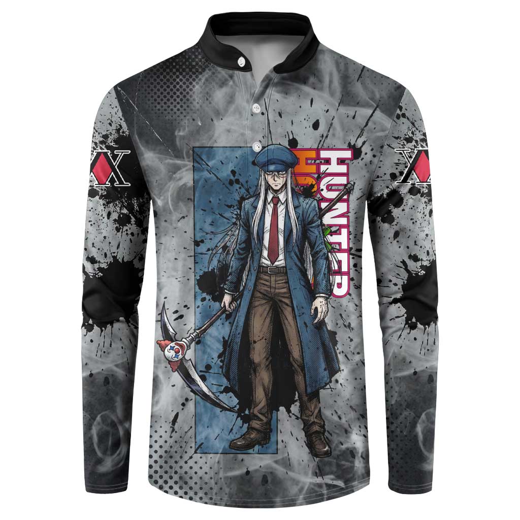 Chrollo Theme Gray Ink Splash Design Button Sweatshirt with Cross Weapon and Monochrome Aura Artwork - The Mazicc