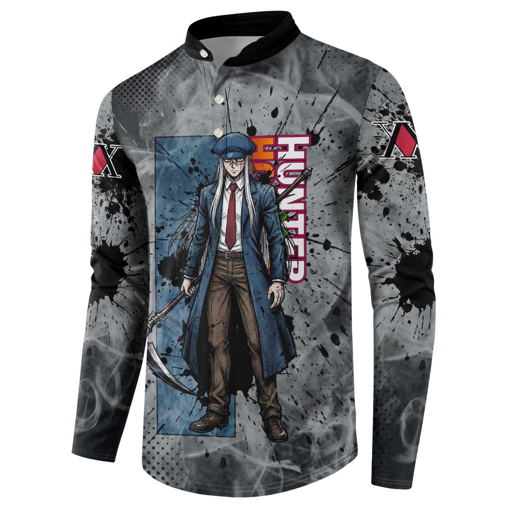 Chrollo Theme Gray Ink Splash Design Button Sweatshirt with Cross Weapon and Monochrome Aura Artwork - The Mazicc