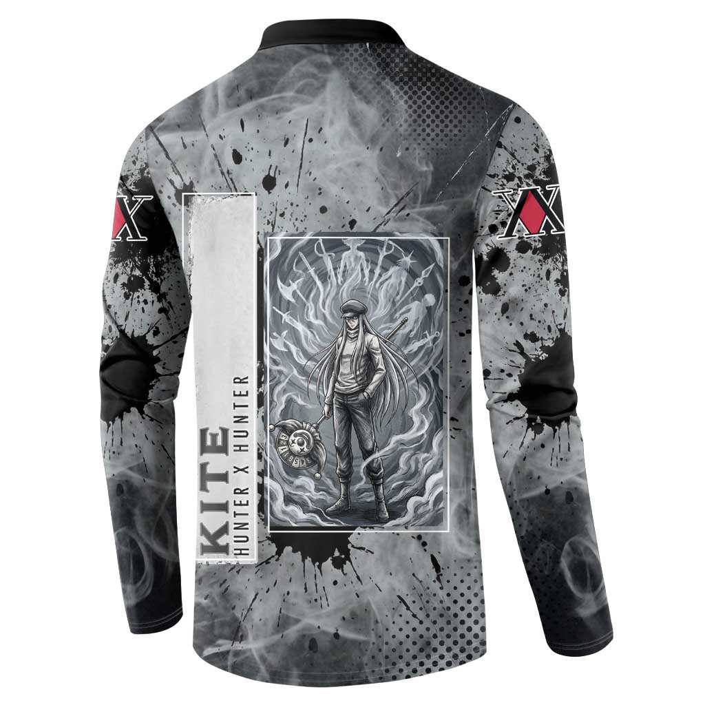 Chrollo Theme Gray Ink Splash Design Button Sweatshirt with Cross Weapon and Monochrome Aura Artwork - The Mazicc