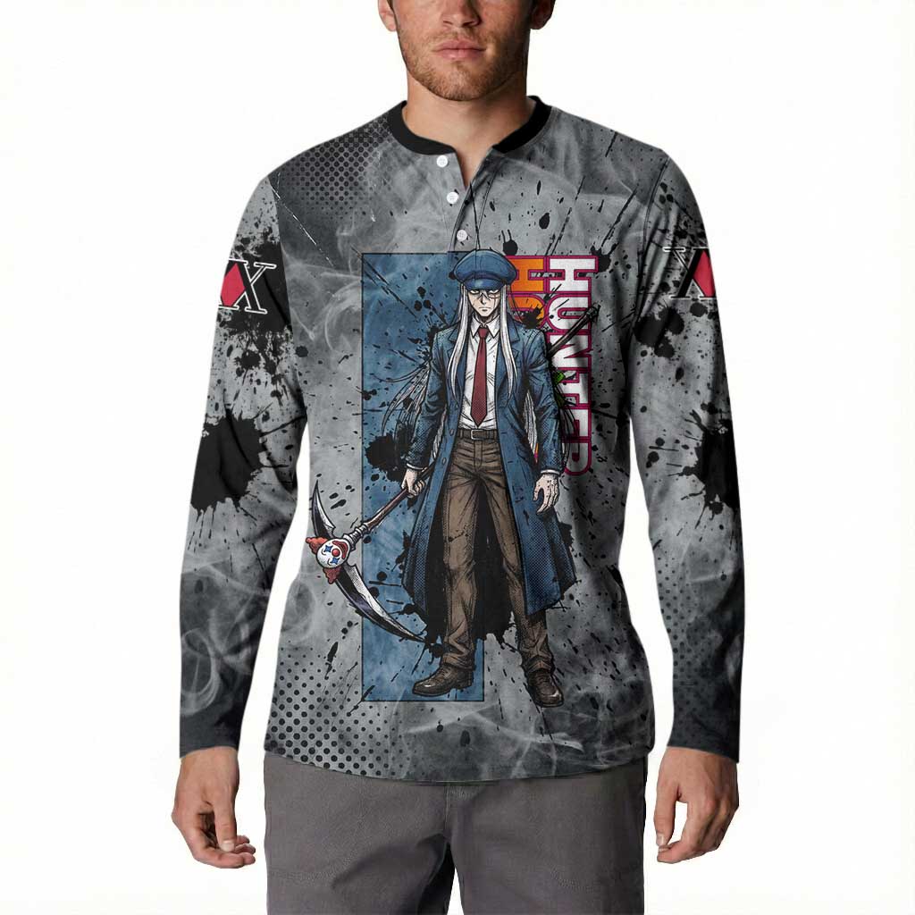 Chrollo Theme Gray Ink Splash Design Button Sweatshirt with Cross Weapon and Monochrome Aura Artwork - The Mazicc