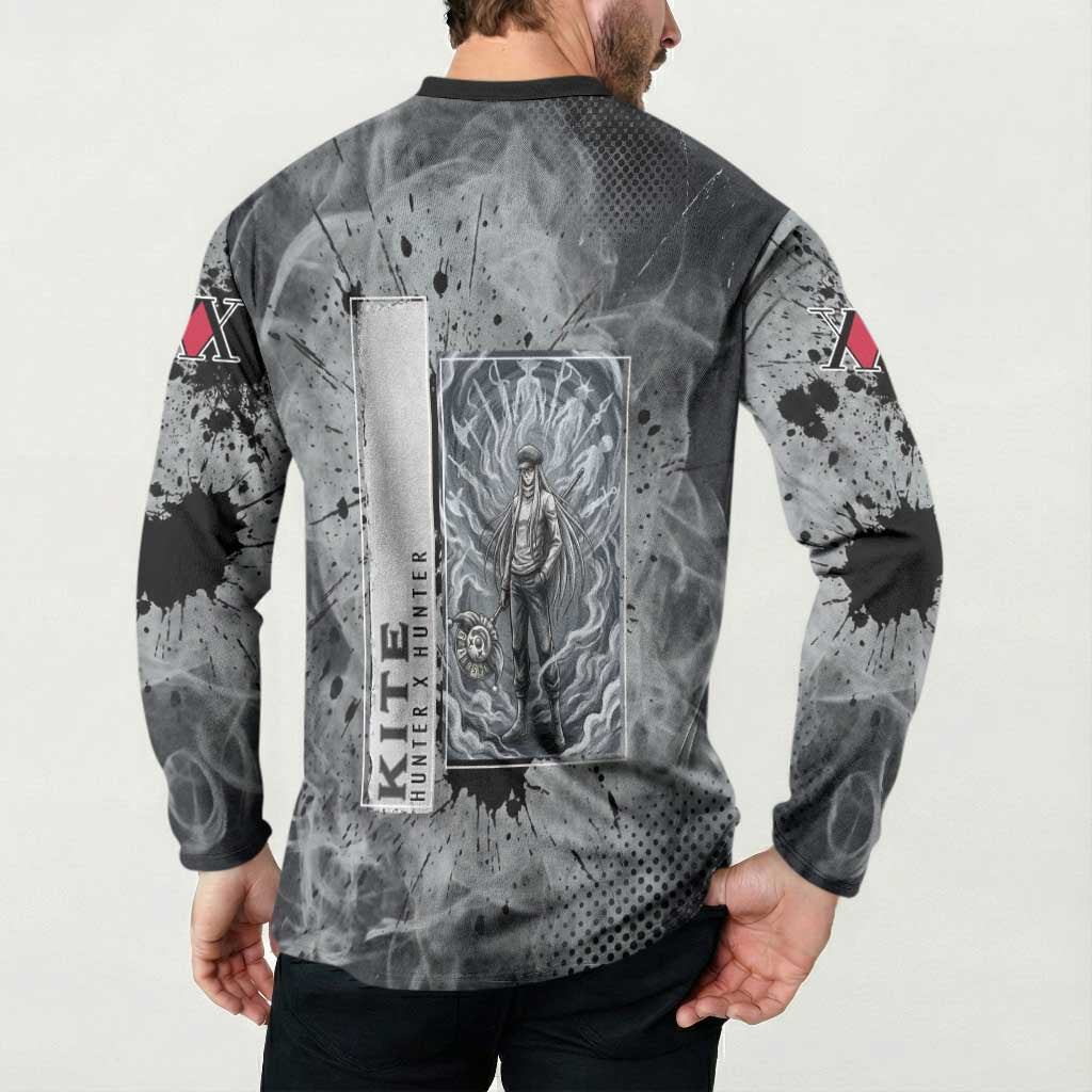 Chrollo Theme Gray Ink Splash Design Button Sweatshirt with Cross Weapon and Monochrome Aura Artwork - The Mazicc