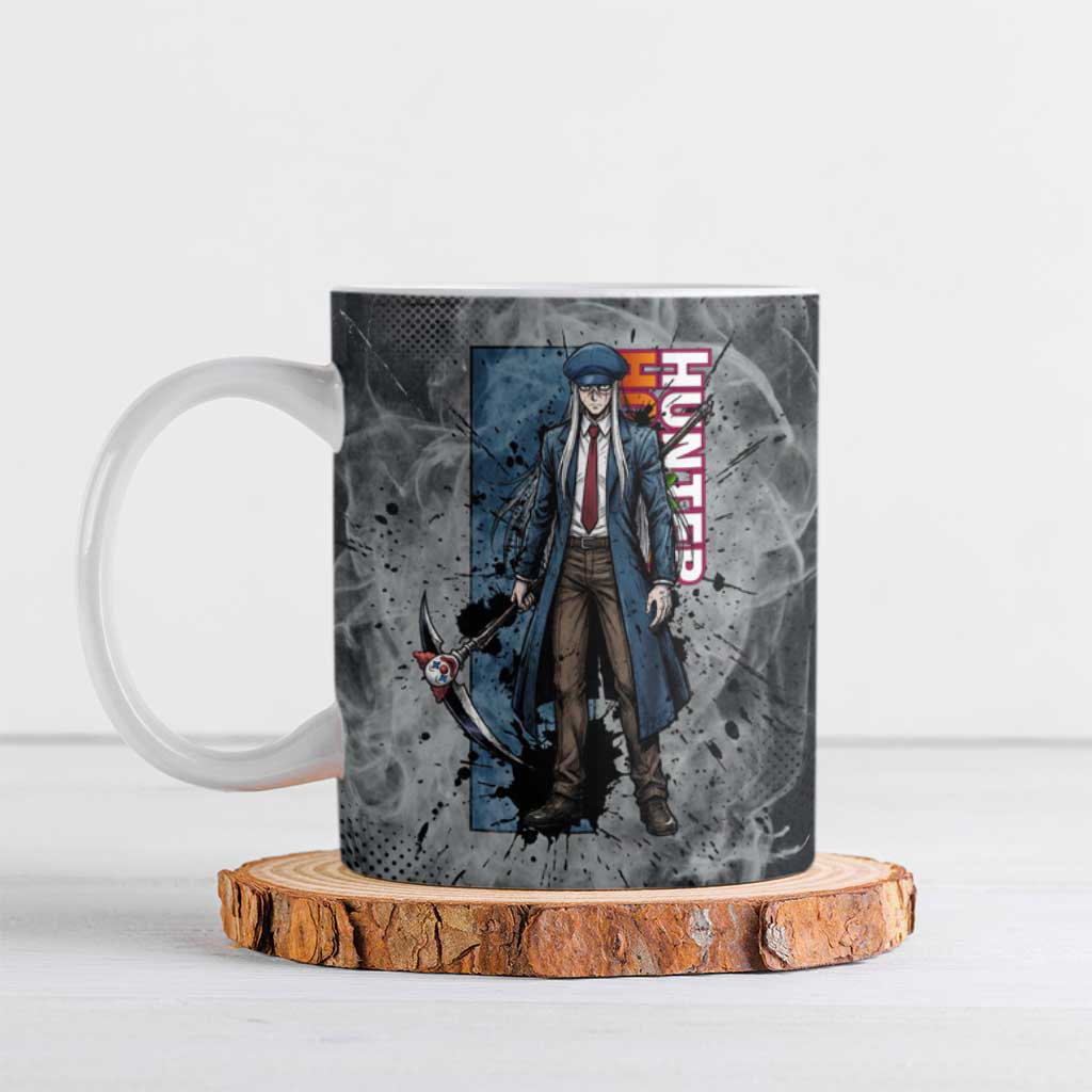 Chrollo Theme Gray Ink Splash Design Ceramic Mug with Cross Weapon and Monochrome Aura Artwork - The Mazicc