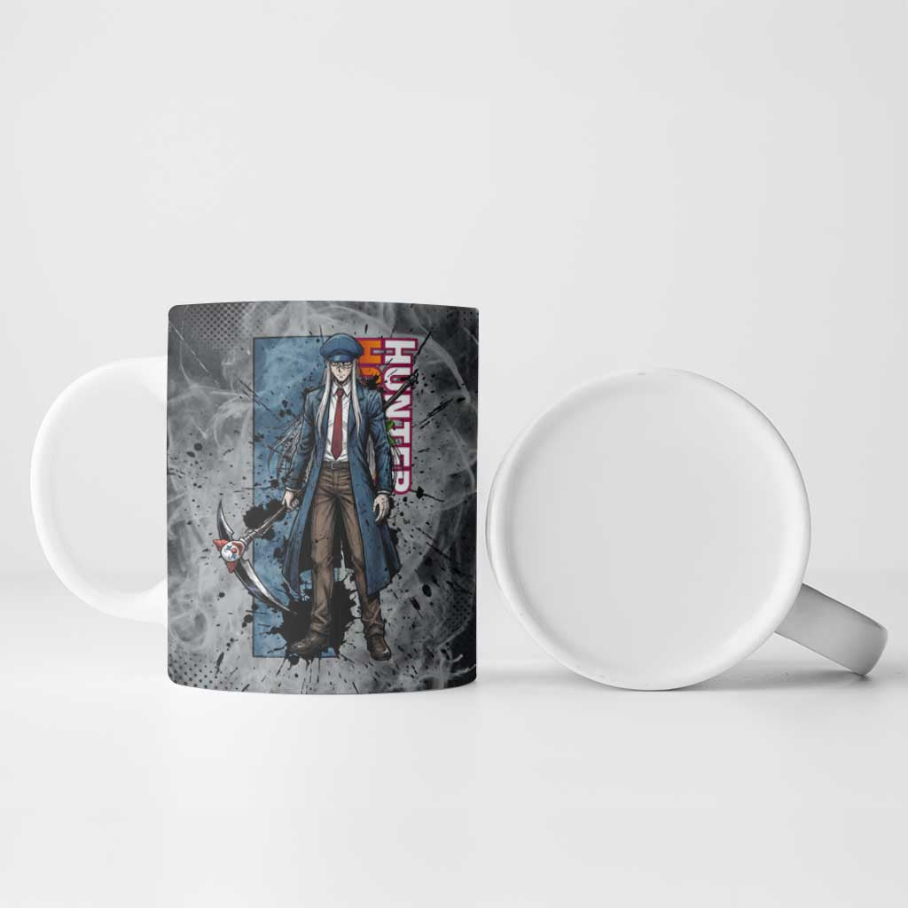 Chrollo Theme Gray Ink Splash Design Ceramic Mug with Cross Weapon and Monochrome Aura Artwork - The Mazicc